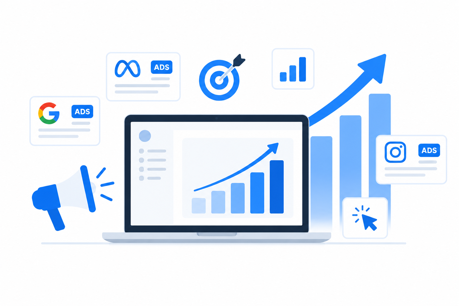 Reklamos platformų ir analitikos iliustracija su augančiu grafiku